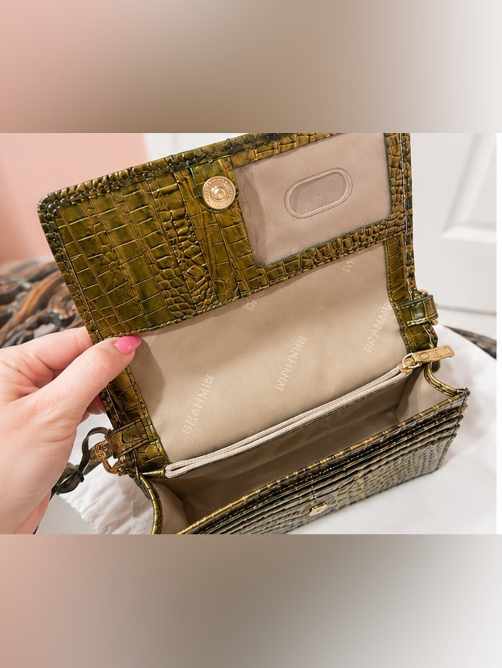 BRAHMIN CACTI GREEN METALLIC LEATHER MINUETTE WALLET/CROSSBODY MINI HANDBAG - Picture 3 of 4